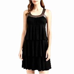 AKIKO Leather Trimmed Tiered Black Jersey Mini Festival/ Party Dress, Size S